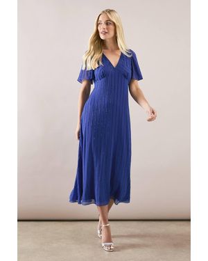 Wallis Petite Beaded Embellished V Neck Midi Dress - Blue