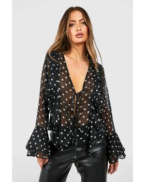 Boohoo Chiffon Polka Dot Ruffle Shirt - Black