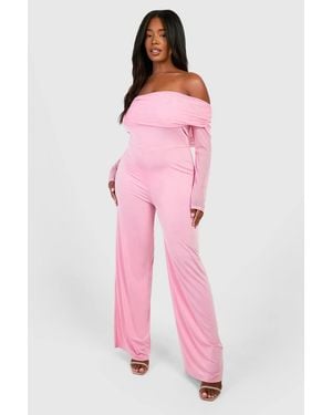 Boohoo Plus Slinky & Mesh Bardot Wide Leg Jumpsuit - Pink