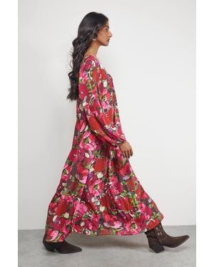 Oasis Chiffon Tie Front Volume Midi Smock Dress - Red