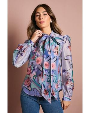 Coast Long Sleeve Placement Print Chiffon Blouse - Blue
