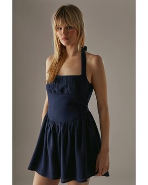 Warehouse Premium Linen Blend Pintuck Halter Babydoll Romper - Blue