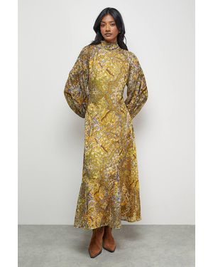 Warehouse Paisley Burnout Spot High Neck Godet Midi Dress - Metallic
