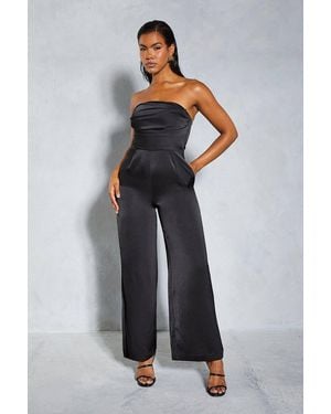 MissPap Satin Bandeau Ruched Bust Straight Leg Jumpsuit - Blue