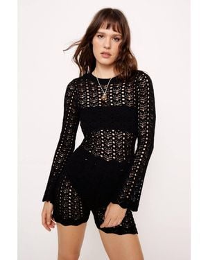 Nasty Gal Crochet Open Back Long Sleeve Romper - Black