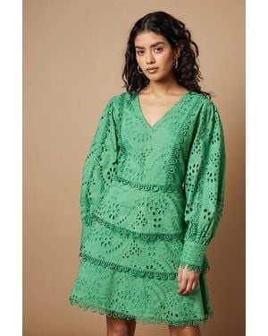 Oasis Petite Broderie Lace Trim Tiered Mini Dress - Green