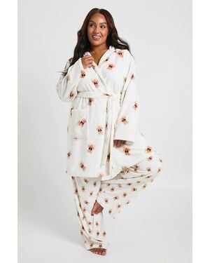 Boohoo Plus Matching Family Bear Print Fleece Hooded Short Bathrobe/Robe - White