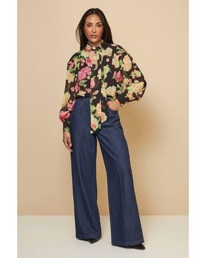 Wallis Petite Floral Print Tie Neck Blouse - Blue