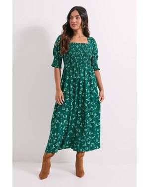 Dorothy Perkins Petite Floral Shirred Bodice Puff Sleeve Square Neck Midi Dress - Green