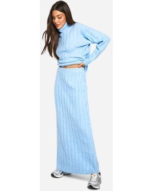 Boohoo Wide Soft Rib Roll Neck Sweater And Maxi Skirt Co-Ord - Blue