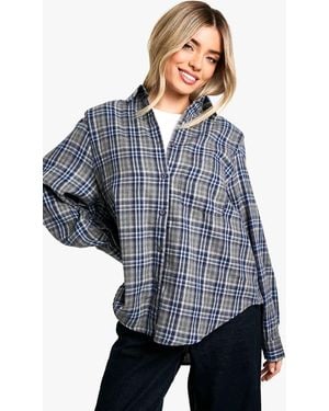 Boohoo Flannel Cinched Shoulder Pad Shirt - Blue