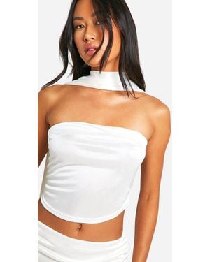Boohoo Longline Stretch Satin Bandeau Top With Scarf - White