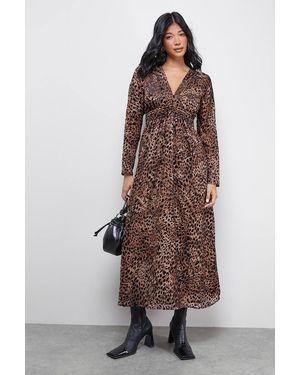 Warehouse Petite Burnout Velvet Plunge Neck Waisted Midi Dress - Brown