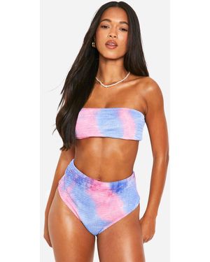 Boohoo Tie Dye Crinkle Bandeau Bikini Top - White