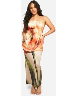 Boohoo Plus Bandeau Floral Printed Slinky Maxi Dress - Orange