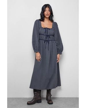 Warehouse Flannel Tie Front Square Midi Dress - Blue