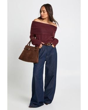 Boohoo Chunky Knit Bardot Knitted Sweater - Red