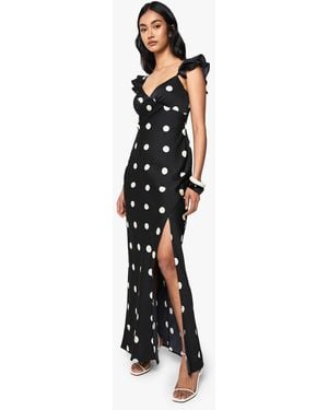 Boohoo Polka Dot Satin Frill Sleeve Split Maxi Dress - Black