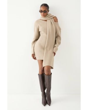 MissPap Knitted Slash Neck Scarf Detail Mini Dress - Natural