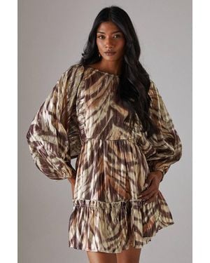 Warehouse Metallic Jacquard Volume Sleeve Mini Dress - Brown