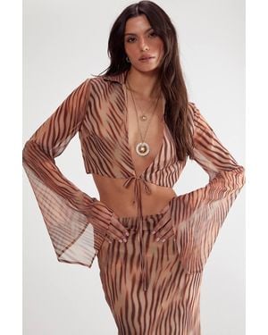 Nasty Gal (Az) Chiffon Blurred Zebra Tie Front Fluted Sleeve Crop Top - Brown