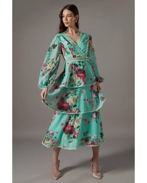 Coast Chiffon Peplum Lace Trim Dress - Green