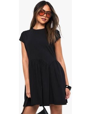 Boohoo Cotton Curved Hem Smock Dress - Black