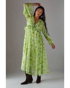 Warehouse Petite Chiffon Plunge Neck Ruffle Midi Smock Dress - Green