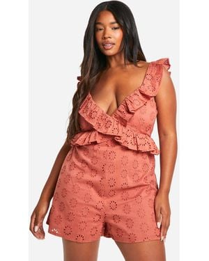 Boohoo Plus Ruffle Broderie Playsuit - Red