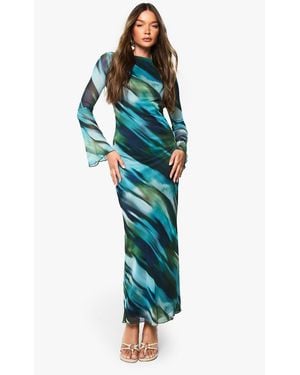 Boohoo Blur Print Scoop Back Maxi Dress - Blue