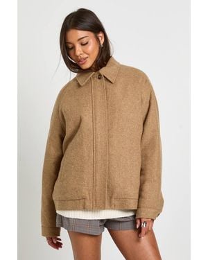 Boohoo Wool Blend Zip Front Jacket - Natural