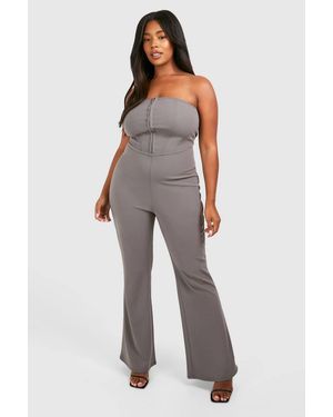 Boohoo Plus Scuba Crepe Corset Hook & Eye Detail Bandeau Flare Jumpsuit - White