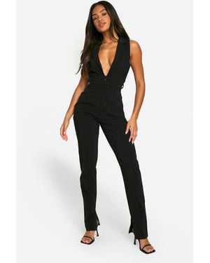 Boohoo Plunge Wrap Waist Jumpsuit - Black