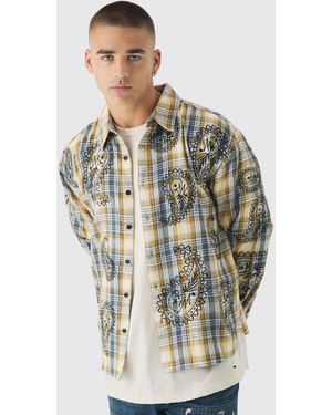 BoohooMAN Oversized Paisley Embroidered Check Long Sleeve Shirt - Yellow