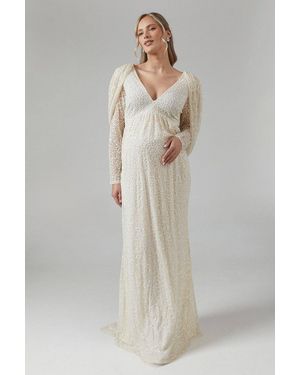 Coast Maternity Cowl Back Long Sleeve Embellished Wedding Dress - Natural