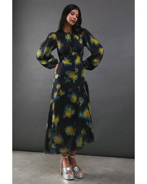 Warehouse Metallic Burnout Chiffon Asymmetric Hem Midi Dress - Black
