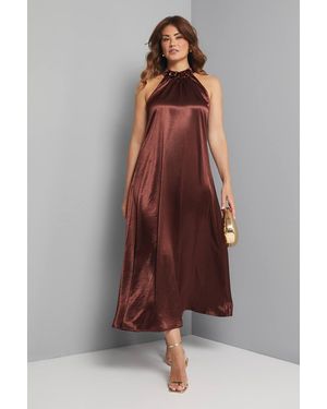 Wallis Satin Embellished Floral Neck Trim Halter Dress - Brown