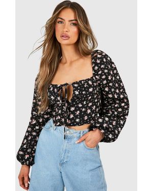 Boohoo Floral Tie Balloon Sleeve Top - Black