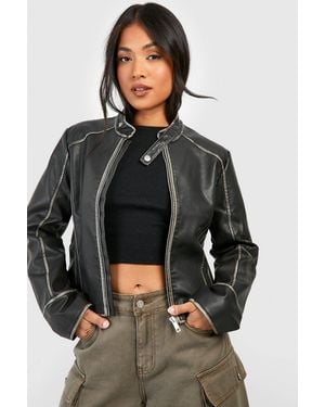 Boohoo Petite Vintage Look Moto Faux Leather Jacket - Gray