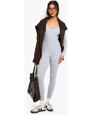 Boohoo Basic Rib Plunge Unitard Jumpsuit - Gray