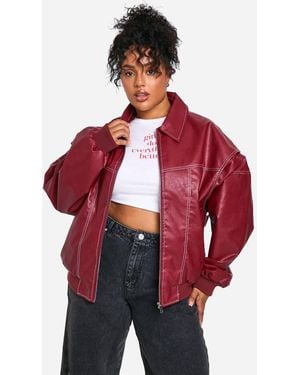 Boohoo Plus Pu Contrast Stitch Oversized Bomber Jacket - Red