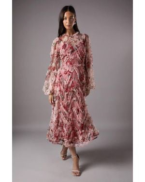 Coast Long Sleeve Applique Floral Midi Dress - Pink