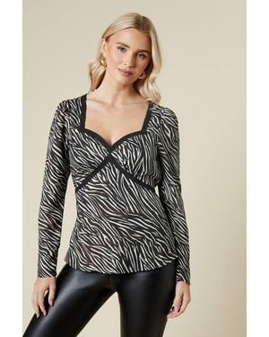 Dorothy Perkins Zebra Lace Front Long Sleeve Blouse - Gray