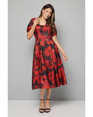 Wallis Floral Organza Puff Sleeve Midi Dress - Red