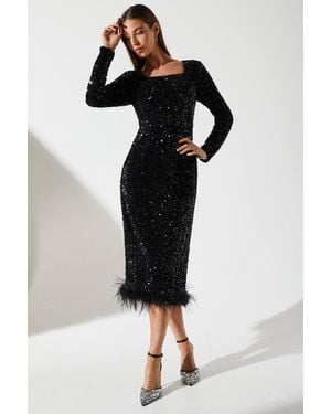 Coast Sequin Party Long Sleeve Midi Dress With Feather Hem - Black