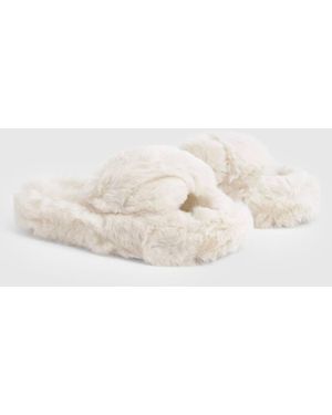 Boohoo Fluffy Cross Front Platform Slippers - White