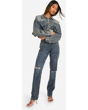 Boohoo Basics High Waisted Straight Leg Ripped Knee Jeans - Blue