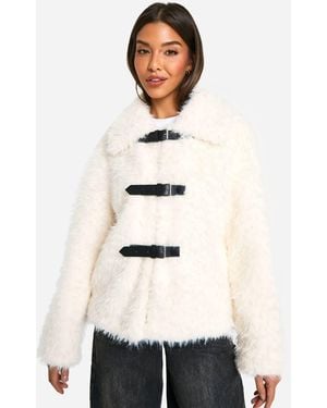 Boohoo Textured Faux Fur Buckle Detail Jacket - Natural