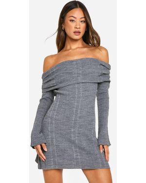 Boohoo Tall Bardot Cable Knit Skater Dress - Gray
