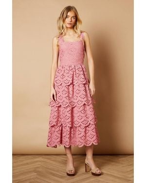 Oasis Scallop Trim Broderie Midi Dress - Pink